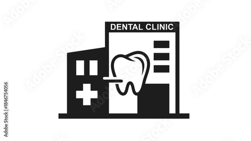 A simple black and white illustration depicts a dental clinic building with a tooth symbol