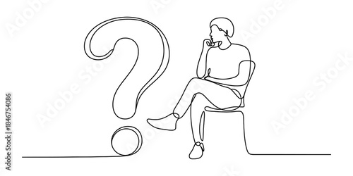 One continuous line drawing of a person sitting and thinking next to a big question mark Vector, illustration