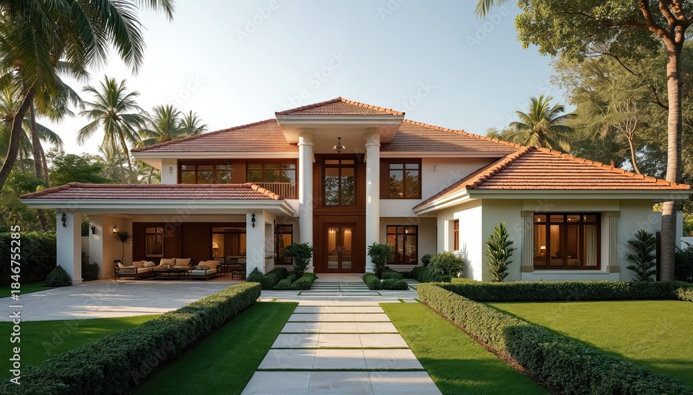 Fototapeta premium Grand contemporary home blends Indian bungalow style with modern luxury. Features include ornate entrance, clay tile roof, rich tropical landscaping. This large estate offers serene suburban retreat.