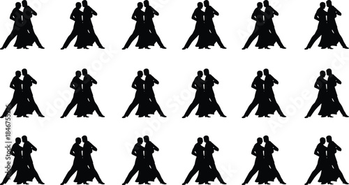 PrintBallroom dance couple silhouette set, romantic performance vector, elegant dancer outline illustration, partner movement graphic, love relationship design, artistic symbol collection