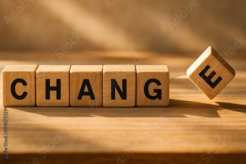 Wooden blocks spelling the word change symbolizing innovation shift transformation concept progress motivation and new beginning