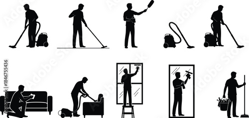 PrintCleaning activity silhouette illustration, household chore vector, janitorial worker design sketch, vacuuming sweeping mopping outline, domestic hygiene graphic, maintenance service art