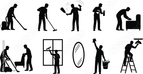 PrintCleaning activity silhouette illustration, household chore vector, janitorial worker design sketch, sweeping vacuuming wiping outline, domestic maintenance graphic, hygiene service art