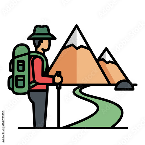 A person hiking with a backpack and pole on a winding trail towards mountains, depicted in a flat design illustration.