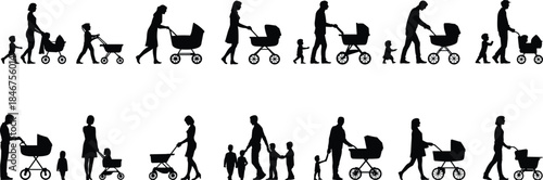 PrintFamily silhouette illustration, parents children vector, walking stroller design sketch, caregiving outline icon, social relationship graphic drawing, parenting symbol art