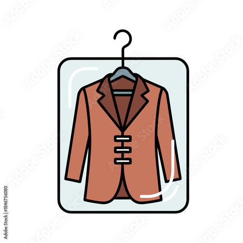A brown jacket on a hanger inside a clear plastic garment bag, ready for dry cleaning or storage.