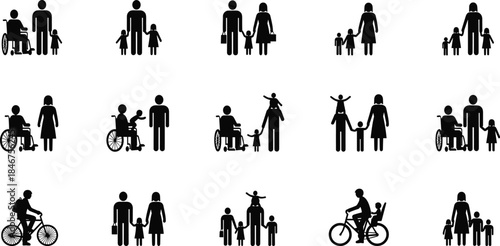 PrintInclusive Family Pictograms Collection, Diversity of Parents and Children, Disability and Accessible Lifestyle Icons, Vector Silhouettes