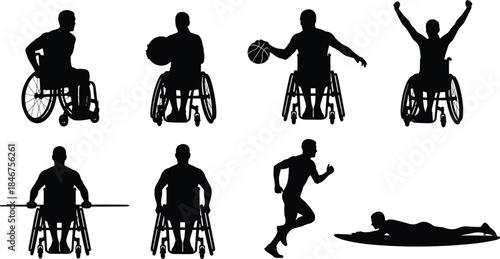 PrintInclusive sports silhouette illustration, adaptive athlete vector, wheelchair basketball design sketch, running swimming activity outline, fitness diversity graphic, physical exercise art