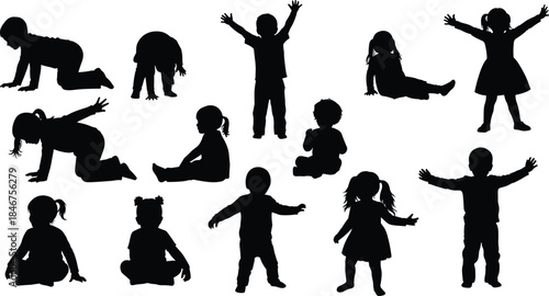 Toddler and small child growing stage silhouette set, kid crawling, sitting, standing, and playing vector collection, happy childhood, development, and fun activity graphic assets.