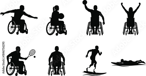 PrintInclusive sports silhouette illustration, adaptive athlete vector, wheelchair tennis basketball design sketch, running swimming activity outline, fitness diversity graphic, physical exercise art