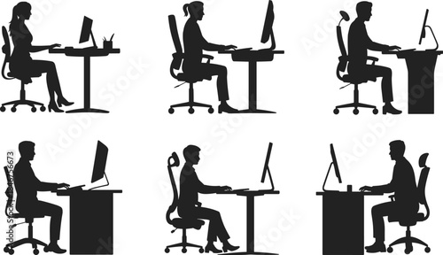 PrintOffice worker silhouette illustration, desk computer vector, workplace ergonomics design sketch, seated posture outline icon, business graphic drawing, corporate symbol art