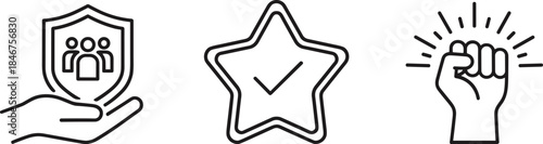 PrintProtection shield icon, community support vector, quality assurance star graphic, empowerment fist illustration, black outline design, social value symbol