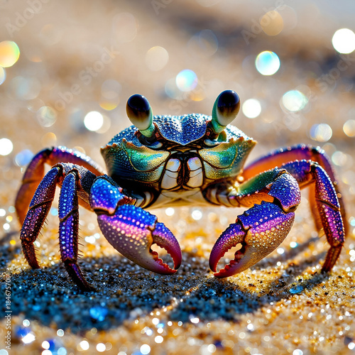 Vibrant Iridescent Crab on Sparkling Sand