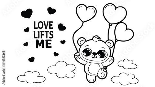 A cute cartoon teddy bear floating in the air with heart balloons and clouds