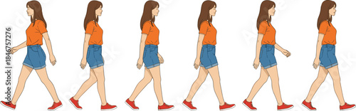 Walking cycle illustration of young woman, step sequence animation, girl in casual outfit, motion progression, character walk cycle reference drawing
