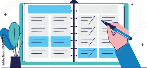 Planning schedule in notebook with hand writing flat vector illustration