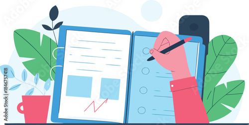 Business planning and data analysis in notebook flat vector illustration