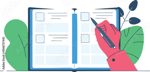 Hand writing checklist in open notebook planning flat vector illustration