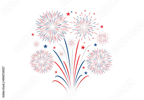 spectacular, high-contrast vector illustration of symmetrical r-w-b starburst fireworks exploding, isolated on a transparent background. concept of national holiday festivity