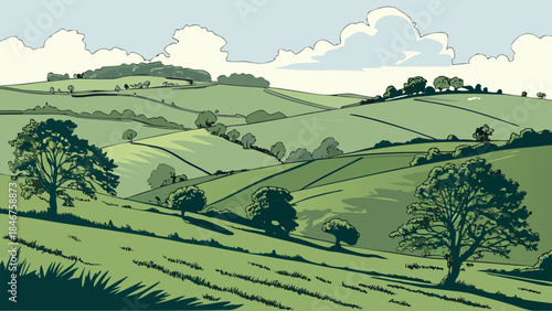 Stylized Vector Illustration of Lush Rolling Green Countryside Hills, Farmland, and Scattered Trees