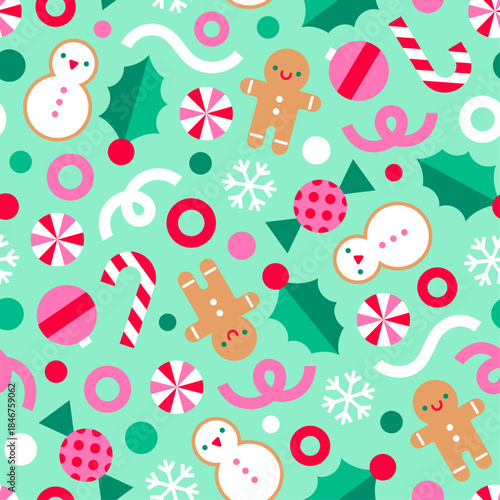 Cute geometric desserts elements seamless pattern design for Christmas and new year celebration background.