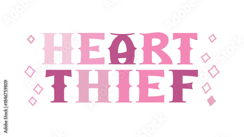 Bold typography heart thief text with pink purple gradient sparkles on white background