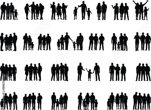 Extensive vector set of diverse family and people group silhouettes, including parents, children, and couples standing together, ideal for social, architectural scale, and community graphics design.