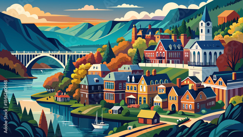 Very beautiful scenic view of Harpers Ferry, nestled between rivers and mountains, layered landscape depth, historic charm, and peaceful atmosphere rendered in vector illustration.