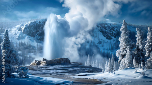 A geyser erupting near a frozen river in winter, a geothermal hot spring landscape with snow, a scenic mountain background with steam and pine trees.