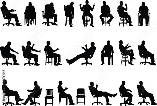 Large vector set of diverse men silhouettes sitting and relaxing in various office and casual chairs, depicting business, contemplation, and conversation, ideal for interior and architectural