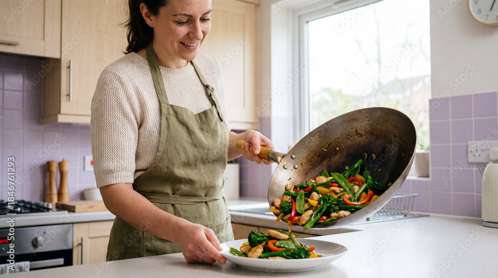 Naklejka premium smiling woman in apron cooking colorful vegetable stir fry in bright home kitchen during relaxed daytime meal preparation