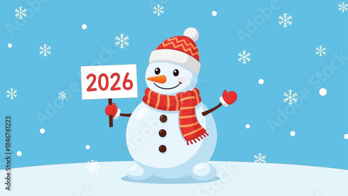Cheerful snowman holding a 2026 sign in a festive winter wonderland.