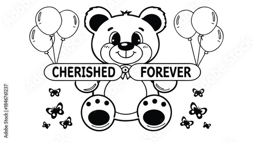 A cute pink themed teddy bear holding balloons tightly surrounded by butterflies in a sweet illustration