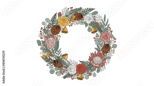 Elegant bohemian Christmas wreath illustration with festive bells and winter foliage.