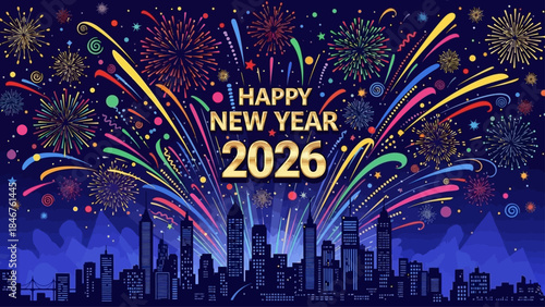 Happy New Year 2026 with fireworks over city skyline