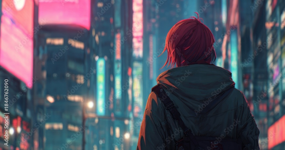 Obraz premium Person walking through cityscape with illuminated buildings at night