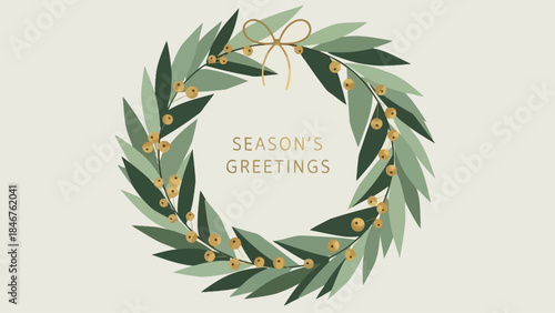Season's Greetings with a festive Christmas wreath and golden berries.