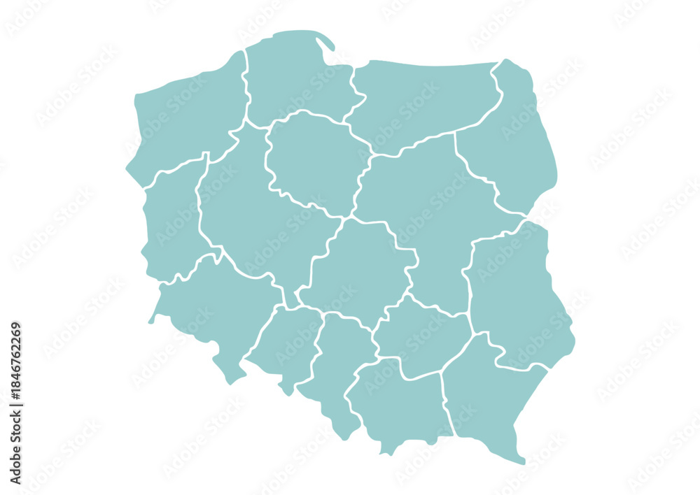 Fototapeta premium Mapa Polski z województwami na białym tle. Zarys mapy Polski. Ilustracja wektorowa