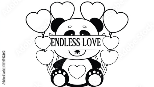 A cute teddy bear surrounded by heart balloons with endless love sign
