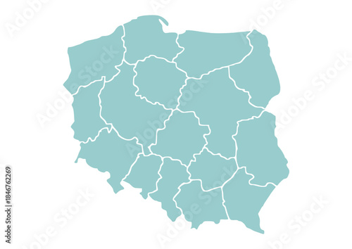 Mapa Polski z województwami na białym tle. Zarys mapy Polski. Ilustracja wektorowa