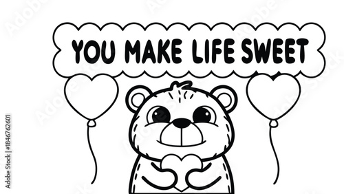 A cute teddy bear with heart shaped balloons and a sweet message