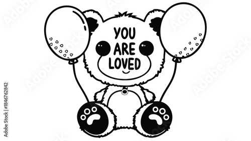 A cute teddy bear holding three balloons with a loving message on its face