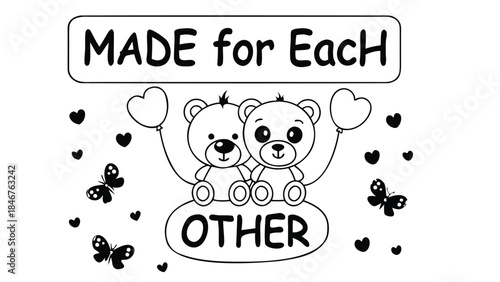 Two teddy bears holding heart balloons with butterflies and hearts around them on white