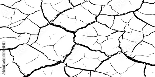 High-resolution black and white cracked dry earth texture, natural drought soil pattern with deep fissures, abstract background symbolizing climate change, arid land, desert surface, and environmental