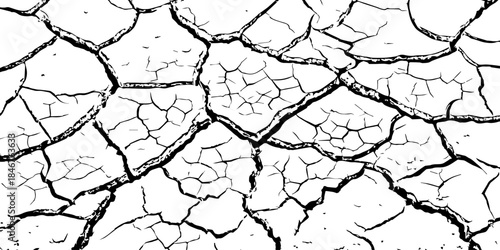 High-resolution black and white cracked dry earth texture, natural drought soil pattern with deep fissures, abstract background symbolizing climate change, arid land, desert surface, and environmental