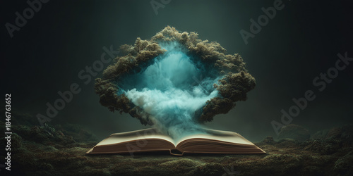 A cloud-shaped formation rises from an open book, symbolizing knowledge and imagination shaping new worlds and ideas.