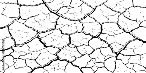 High-resolution black and white cracked dry earth texture, natural drought soil pattern with deep fissures, abstract background symbolizing climate change, arid land, desert surface, and environmental