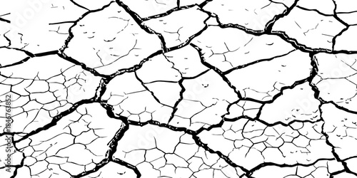 High-resolution black and white cracked dry earth texture, natural drought soil pattern with deep fissures, abstract background symbolizing climate change, arid land, desert surface, and environmental