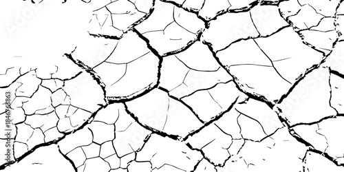 High-resolution black and white cracked dry earth texture, natural drought soil pattern with deep fissures, abstract background symbolizing climate change, arid land, desert surface, and environmental