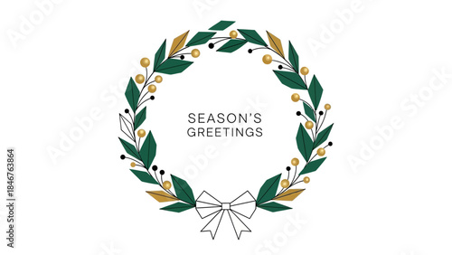 Christmas wreath with season's greetings text and bow